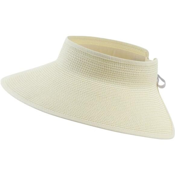 Womens Sun Visor Hat Roll-up Straw Hat Summer Ponytail Beach Hat Foldable - Picture 3 of 8